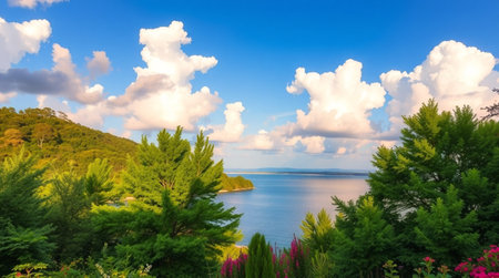 Beautiful view of the sea and mountains on a summer day.の写真素材