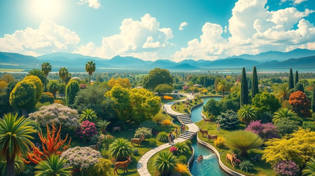 Aerial view of beautiful landscaped garden with lake, trees, flowers and mountains.の写真素材