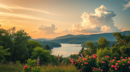 Beautiful summer landscape with lake and mountains in the background at sunset