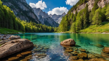 Panoramic view of Lago di Braies in Dolomites, Italy