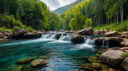 Panoramic view of a mountain river flowing through a green forest.