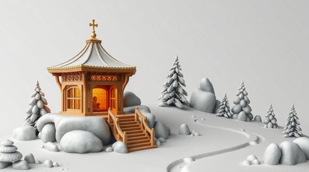 3d illustration of a wooden gazebo in winter landscapeの写真素材