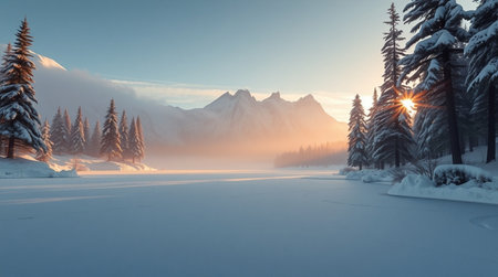 Fantastic winter landscape with frozen lake and mountains in the backgroundの写真素材