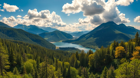 Panoramic view of the lake in the mountains. Summer landscape.