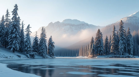 Fantastic winter landscape with frozen lake and snow-capped mountains