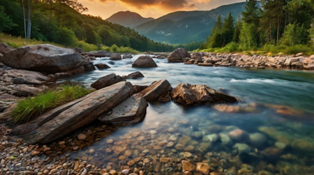 Beautiful mountain river in the Carpathian mountains at sunset.