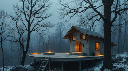 3D rendering of a fairy tale wooden house in a winter forest