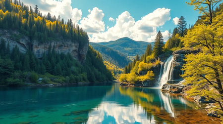 Mountain lake and waterfall in Altai mountains, Siberia, Russiaの写真素材
