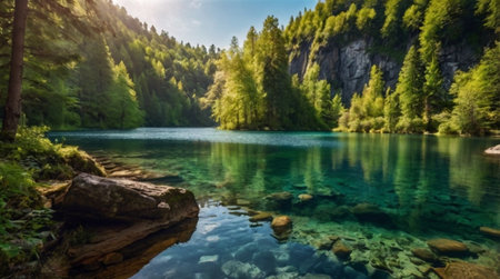 Beautiful mountain lake with crystal clear water and green forest on the backgroundの写真素材