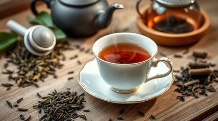 Cup of tea and teapot on wooden table, closeupの写真素材
