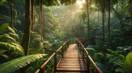 Wooden bridge in the tropical forest at sunrise. Nature background.