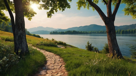 Beautiful summer landscape with lake and mountains in the background. Composition of nature.の写真素材