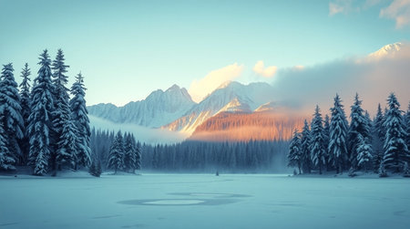 Fantastic winter landscape with frozen lake and snowy mountains in the backgroundの写真素材