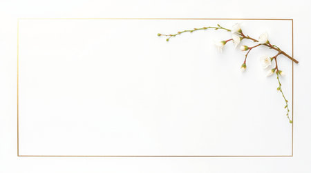 White flowers of cherry blossoms on a white background with a golden frameの写真素材
