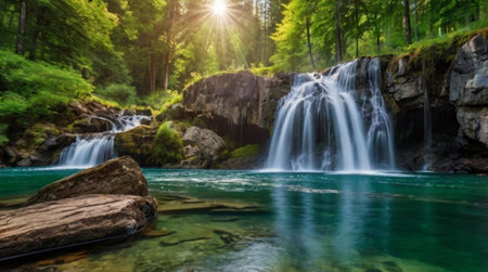 Beautiful waterfall in the forest. Panoramic view of a waterfall in the forestの写真素材