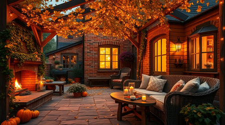 Beautiful terrace of a country house in the evening with lanternsの写真素材