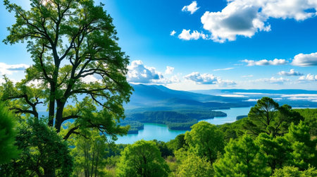 Beautiful summer landscape with lake, mountains and forest. View from above.の写真素材