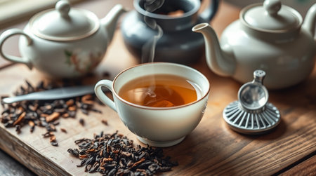 Cup of tea with teapot on wooden table, closeupの写真素材