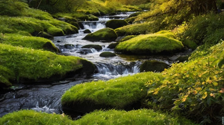 A beautiful shot of a river in the middle of a green forestの写真素材
