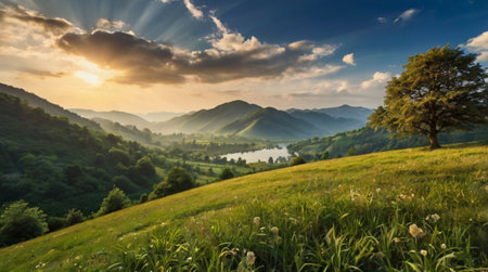 Beautiful landscape of mountains and lake at sunset, Carpathian, Ukraineの写真素材