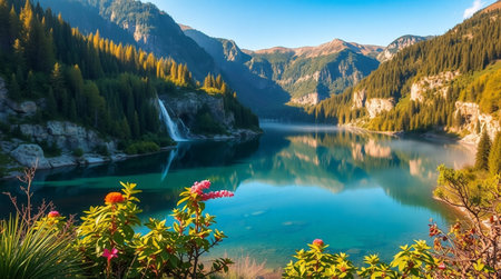 Beautiful alpine lake and waterfallの写真素材