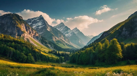 Panoramic view of the valley in the mountains. Summer landscape.の写真素材