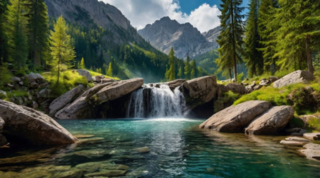 Waterfall in the Dolomites, Italy. Panoramic viewの写真素材