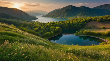 Beautiful lake in the mountains at sunset. Beautiful summer landscape.の写真素材