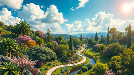 Aerial view of beautiful landscape with blooming trees and winding road. 3d renderingの写真素材