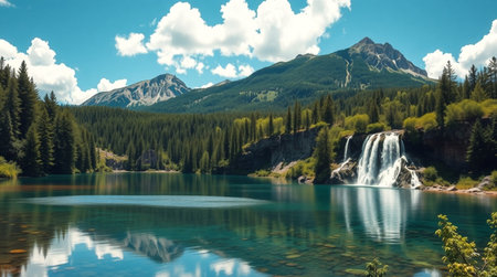 Mountain lake with a waterfall in the background. High quality photoの写真素材