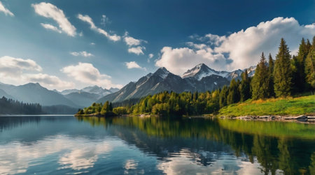 panoramic view of the alpine lake with reflection in the water