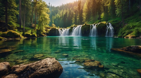 Beautiful waterfall in the forest. Summer landscape in the mountains.