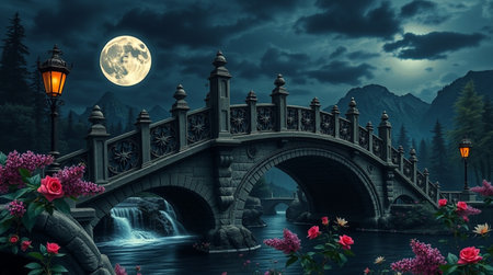 bridge over the river at night in full moon light, 3d renderの写真素材
