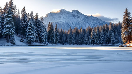 Beautiful winter landscape with frozen lake and snow-covered mountains.