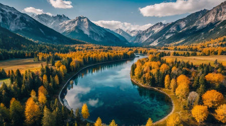 Aerial view of lake in the mountains. Beautiful autumn landscape.の写真素材