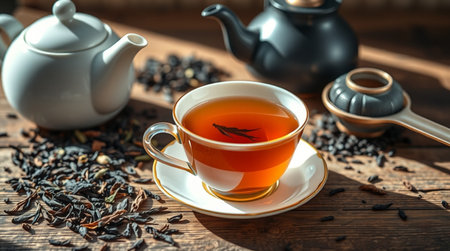 Cup of tea and teapot on wooden table, closeup