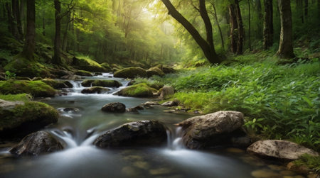 Mountain river flowing through green forest. Beautiful summer landscape with waterfall.