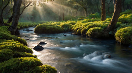 River flowing through the forest in the morning. Beautiful nature landscape.