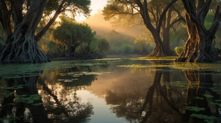 Trees reflected in the river at sunrise, Kruger National Park, South Africaの写真素材