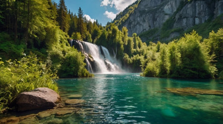 Waterfall in the forest. Waterfall in the mountains. Summer landscape.の写真素材