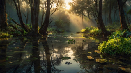 Sunrise over the river in the forest. Beautiful nature background.の写真素材