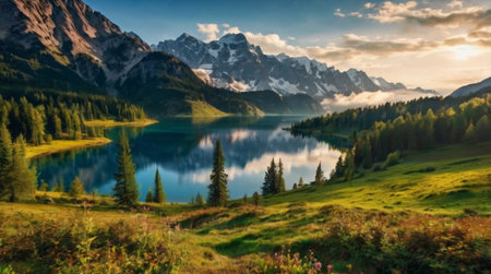 Panoramic view of beautiful alpine lake with mountains in background.の写真素材
