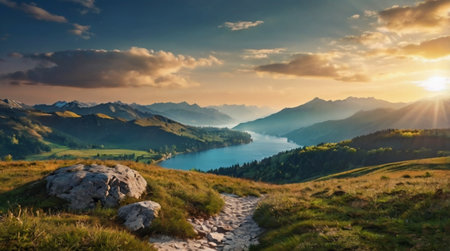 Panoramic view of alpine lake and mountains at sunset, Switzerlandの写真素材