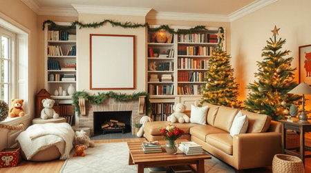 Christmas living room interior with Christmas tree and fireplace. 3d renderの写真素材