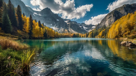 panoramic view of alpine lake in autumn, switzerlandの写真素材