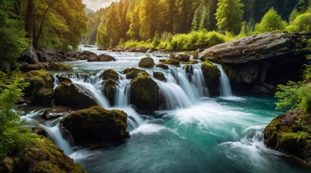 Waterfall in the mountains. Mountain river in the forest. Mountain river.の写真素材