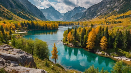 Panoramic view of turquoise mountain lake surrounded by autumn forestの写真素材