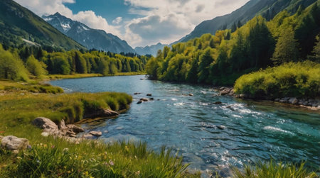 Panoramic view of mountain river in the Alps. Beautiful landscape with a mountain river in the foreground.の写真素材