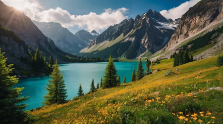 Panoramic view of turquoise lake in mountains