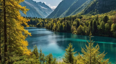 panoramic view of turquoise colored lake in autumn mountains
